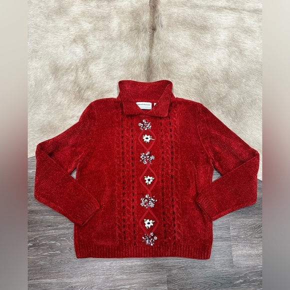 Alfred Dunner Sweaters - Vtg Alfred Dunner Sweater Holiday Floral Embroidered Collared Granny Core PS Red